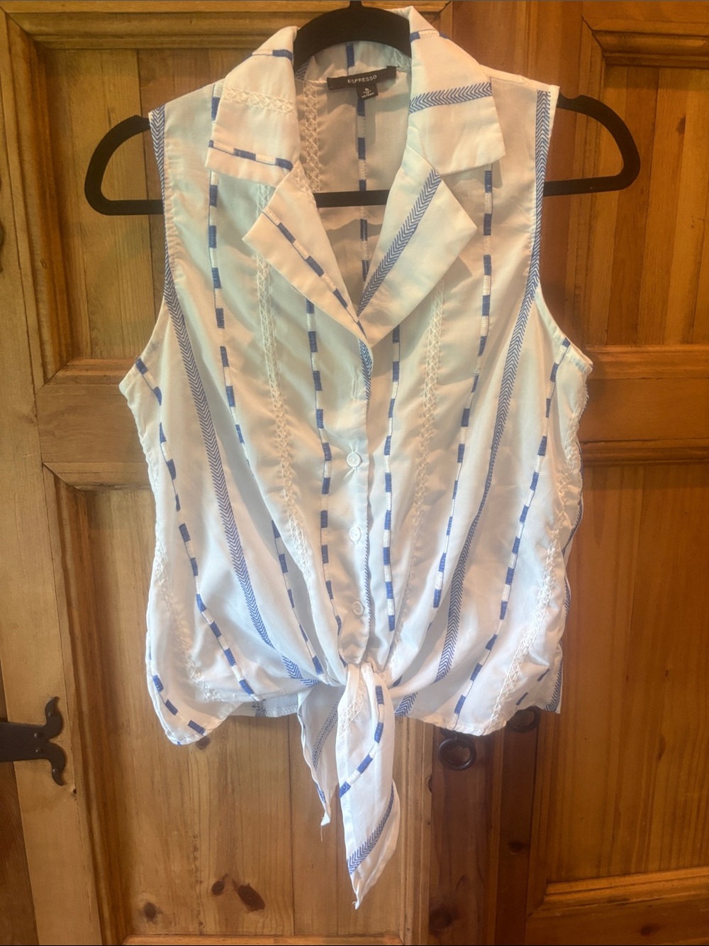 Express White Sleeveless Button Tie-Front Top with Blue Stripes